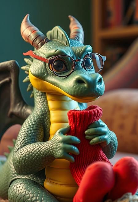 surreal VFX, chubby green dragon with dark green wing, wearing glasses, acting like human, is knitting warm  red socks, vivid colors