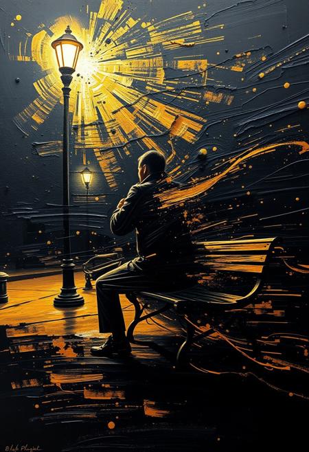 A hyper-stylistic, extremely detailed image depicts a breathtaking painting, crafted from a combination of smeared black and gold metallic paint. A killer sitting on a park bench next to a lone street light at night is captured in a streaked motion, as if it is moving rapidly in one direction. The black paint is applied in bold, dynamic strokes, creating a sense of energy and movement that is contrasted beautifully by the golden accents. The gold paint is used to highlight the killer, the bench and street lights features, adding a sense of depth and dimensionality to the image. The overall effect is one of breathtaking, surreal dynamism, as if the viewer has captured a fleeting moment in time. Every detail of the image is meticulously crafted, from the delicate, swirling patterns of the gold paint to the intricate, textured patterns of the black paint. The contrasts between light and dark, color and texture, create a sense of tension and energy that draws the viewer in, inviting them to explore the kinetic world of the painting. highest-Quality, intricate details, visually stunning, Masterpiece