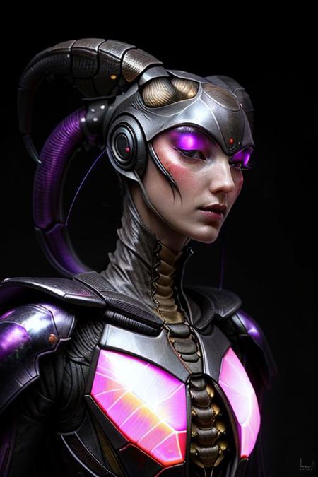 portrait of pearl goddess (long neck, slender arms)) greater stag beetle, bio armor, Mantis, (luminescen purple glowing) floating particles, insect textures, scifi