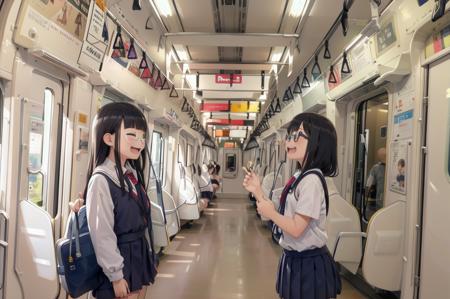 best quality, ultra-detailed, illustration,
multiple girls, school uniform, black hair, glasses, school bag, smile, laughing, face focus,
e233, train interior, scenery, seat, vanishing point, poster (object), sunlight,
<lora:E233_SD15_V3_DIM4:1>