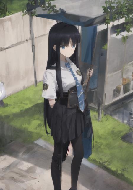 <lora:touma kazusa V1.1:1>, 1girl, long hair, black hair, blue eyes, standing, looking at viewer, school uniform