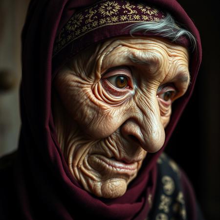 Close up shot, from the side, DSLR photo, chiaroscuro lighting dramatic lighting, realistic shading, old Arab woman, age 82, frail, gaunt thin face, hollow cheeks, loose skin, wearing a gold embroidered burgundy hijab, (head bent down:1.2), (looking up at the viewer out of the corner of one eye:1.4), crying,  proud, (tears on her cheek:1.2), eye contact, extremely detailed skin, age spots on skin, skin wrinkles, skin pores, skin mole, extremely detailed hair, grey sparse hair, vellus, intelligent eyes,  extremely detailed brown eyes, intelligent expression, a knowing look, sad, heartbroken over a loss.  Extremely realistic and detailed teeth that have yellowed with age. extremely detailed.  Detailed background, detailed cottage