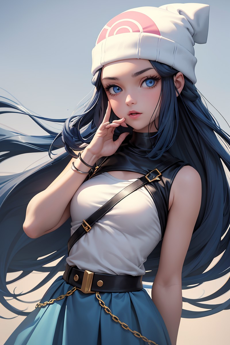 (masterpiece, best quality), 1girl,  <lora:dawn_v2:0.8> dawn pokemon, long hair,  blue eyes, dark blue hair, beanie, hairpin