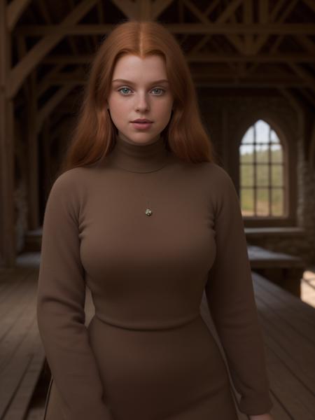 <lora:y43lk_06SD-000007:0.9>, a (medium shot) photograph of (beautiful 23 year old) (y43lk woman:1.2) woman with dark ginger hair,as the miller's daughter,exceptionally attractive exuding an alluring and voluptuous physique that radiates warmth and sensuality,braided and lustrous dark hair cascades gracefully down her shoulders,Long dark eyelashes,captivating allure,blush on her cheeks,plump lips and welcoming smile,with a medieval mill courtyard behind her,a charming and rustic wooden structure nestled in a tranquil forest,wooden mill structure,its waterwheel turns gently,the girl is positioned near the mill courtyard,engrossed in various house chores,tending to the mill's operation,handling sacks of flour,organizing grains scattered around, cinematic photograph, photorealism, realistic lighting,(bokeh),realistic shadows,masterpiece,Award-winning, 8K wallpaper,Hyperrealistic, intricate detailed, subsurface scattering, rule of thirds, detailed pupils, 35mm photograph, detailed skin texture, subsurface scattering