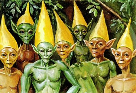 p1c4ss0, rosewell alien at a party with world leaders wearing yellow christmas hats, 1908 Dryad