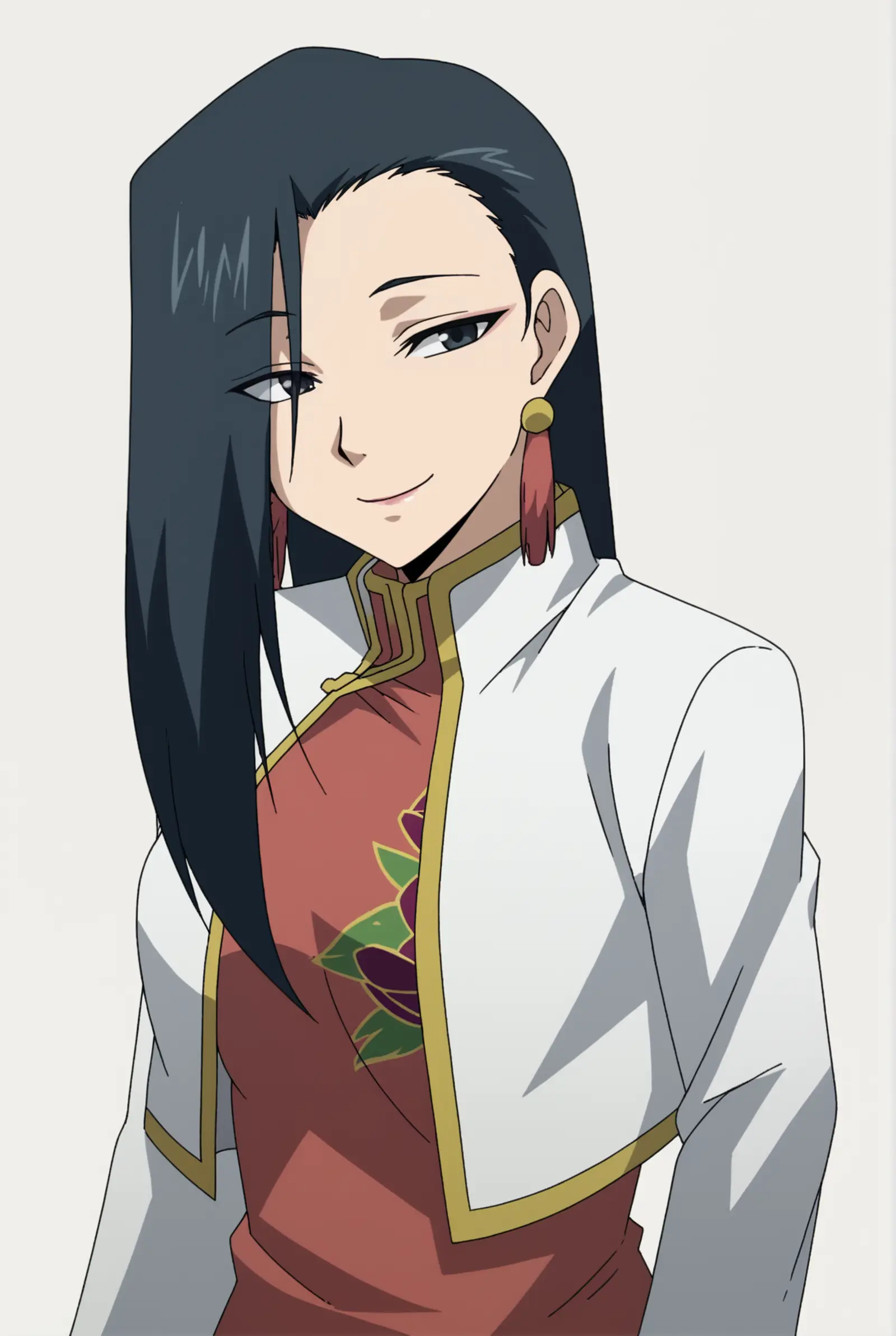 A woman with long, dark hair and striking red earrings. She is dressed in a white jacket with gold trim, which is worn over a red top with a floral design. Her gaze is directed off to the side, and she wears a slight smile. 
