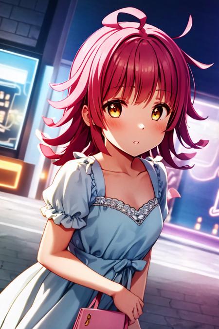 ultra high quality cg, (detailed hair), (masterpiece), (best quality), (ultra-detailed), ultra high resolution, sharp focus, detailed face, (perfect anatomy), perfect lighting, (intricate details), (depth of field), 1girl, upper body, small breasts, ornate dress, soft smile, <lora:RinaTennoji-000014:1>, RinaTennoji, pink hair, (night, city, sidewalk, shops, neon signs),