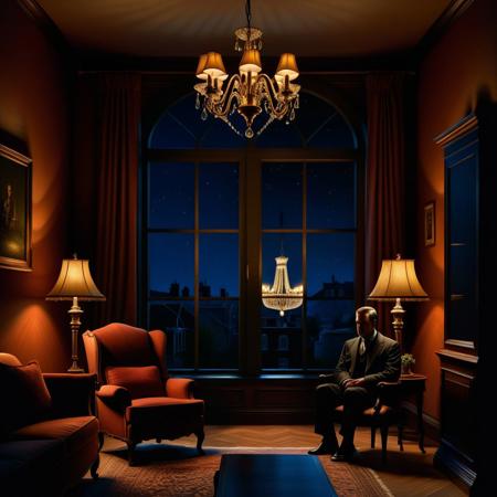 Ultra realistic color pencil  image of
a view of a window at night, viewer is outside the house looking in through the window on a living room, where the silhouette of a man sitting on a chair, under a chandelier can be seen. The window is broken up into smaller windows by muntins. 
BREAK
Dark theme, dynamic lighting, (soft shadows), (soft focus), (photo realistic), uhd, 8k