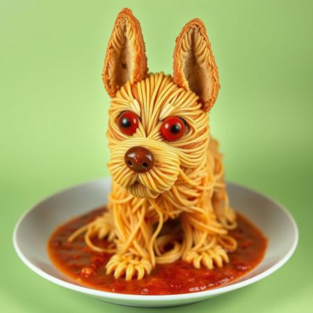 a cute german shepherd dog made completely out of spaghetti bolognese with cute big eyes made of tomatoes, ears made of bazil leafes and a muzzle made of meatballs, standing on a plate filled with tomatosauce
