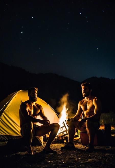 Two hairy chested fit italian men in a campsite, shirtless, sitting in a camping tend, a fire lit in front of the tent, in a dark night, extreme close up photo, moonlight