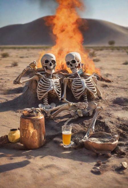 two skeleton's drinking liquor , sitting on  ground, a crashed coffine's into the ground, croses ,desert,smokes,fire