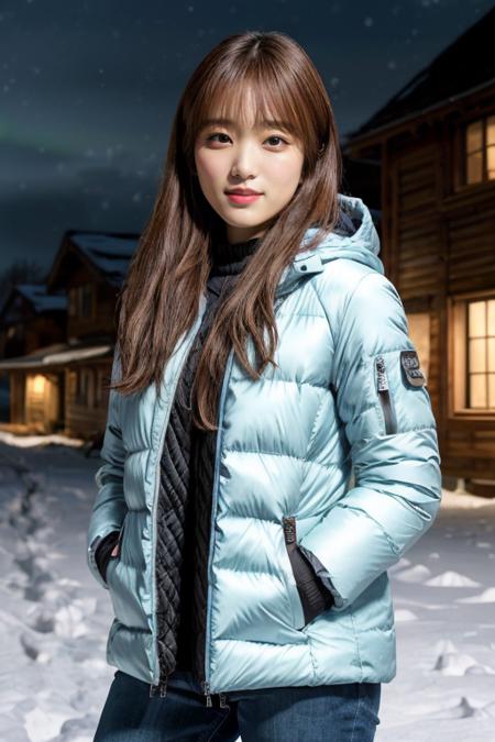 masterpiece, best quality, ultra-detailed, ultra high res, (photorealistic:1.4), raw photo, (realistic:0.2), CG, 8k HDR, perfect lighting, 1girl, solo, looking at viewer, (winter clothes, padded jacket), outdoor, (snow, snowflakes), night, aurora sky, upper body, lower body, asymmetrical wavy long hair, (detailed oily skin, medium breasts:0.8), (detailed face), (detailed background :1.1), hands in pocket,