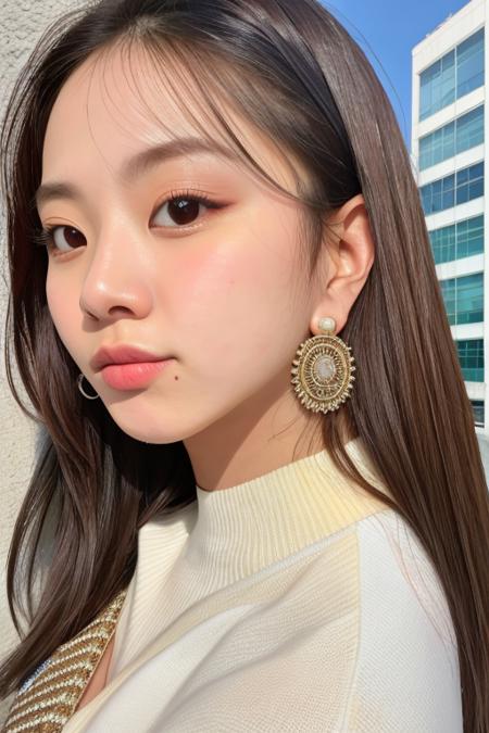 "RAW photo,1girl,solo,chaeyo,brown hair,sweater,earring,((detailed:1.2)),(photorealistic:0.8),photoshoot,masterpiece,best quality,sun lighting ,city background, high quality, film grain,looking at viewer,<lora:chaeyover1.1:0.7>