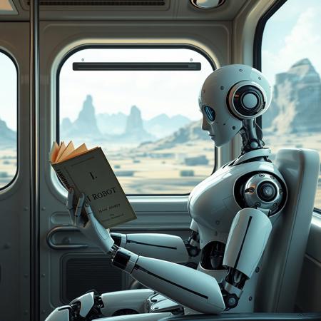 Robot humanoid woman sitting in futuristic train and reading a book "I, Robot" by Isaac Asimov", she is holding book upside down. train is passing by futuristic landscape.