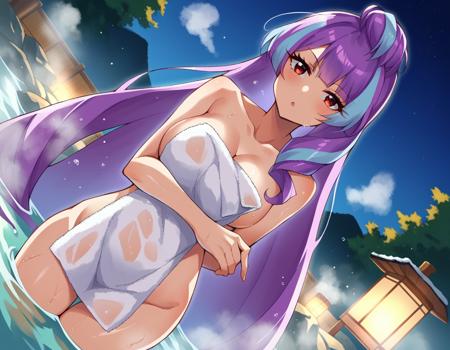 mikumo guynemer, long hair, multicolored hair, purple hair, red eyes, streaked hair, very long hair, absurdly long hair, black pantyhose, black skirt, blue gloves, blue pantyhose, gloves, hair ornament, hairpin, layered skirt, pantyhose, short sleeves, skirt, tied hair, underbust, bikini, black bikini, cleavage, multi-strapped bikini, sideboob, swimsuit, underboob, wristband, midriff, navel,