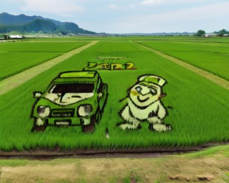 outdoors, (rice_paddy_art:1.1), field, scenery, landscape, nature, crossover, day, fence, grass, green skin, green theme, house, nature, path, river, ruins, sky,<lora:rice_paddy_art:0.8>, (car:1.5)