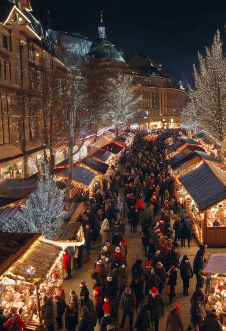 Highly detailed photo of people at a christmas market, happy mood of christmas and holy night spreads all over the galaxy, greatful, thankful, peaceful, in the mood of christmas, 4k
