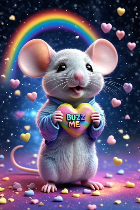 lazympos,a cute mouse made from candyhearts,<lora:lazympos:1>,<lora:crowd_notrigger:0.7>,<lora:add-detail-xl:1>,breathing rainbows,magic,sci fi,energy,text "buzz me",<lora:Candyhearts-15:0.7>,(outer space background) . Professional,modern,masterpiece,super realistic,highly detailed