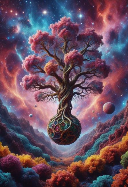 8k, analog photo, One giant tree on the sphere like planet earth floating in air, morph-treeroots, space of nebula, mix of colors psychedelic abstract background,