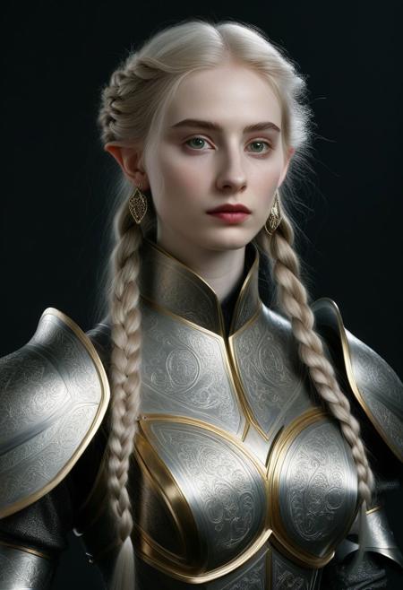 1girl 18 yeas, elf, slender, pale skin, goosebumps, very long gold and silver hair, triple braids,  light grey eyes, (small pointed ears:1.3),
Milanese plate armor, black gauntlets, dnd character portrait, intricate, analog photograph, masterpiece, expertly crafted, incredibly detailed, 8k resolution, 
 (By Alice Pasquini, by Aliza Razell:0.8), low angle shot, Cinematic Hollywood Film style a young woman, 18, sensually dynamic pose ,