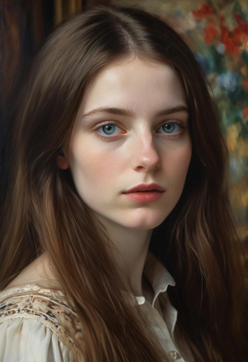 Closeup photo of a beautiful French woman named Natalia, porcelain pale skin, long dark hair, intense gaze, by John Singer Sargent and Edgar Degas and Paul Cézanne and Jan van Eyck, (long shot) intricate details of her features captured in a realistic oil painting style.bad-picture-chill-75v