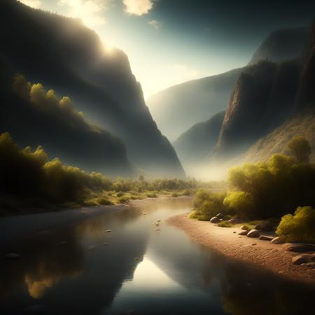 photo rendition of Peaceful river valley, serene scenery, epic landscape (RiverValley style:1) <lora:djzRiverValley:0.8)