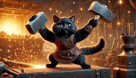 Photograph of  disney animation, blacksmith cat, hammer in paw,
 (masterpiece), (best quality:1.2), intricate details, (highly detailed skin:1.2),
intricate details, 8k post production, high resolution, hyper detailed, trending on artstation, sharp focus, studio photo, intricate details, highly detailed,  , captured on a (Hasselblad X1D II 50C)