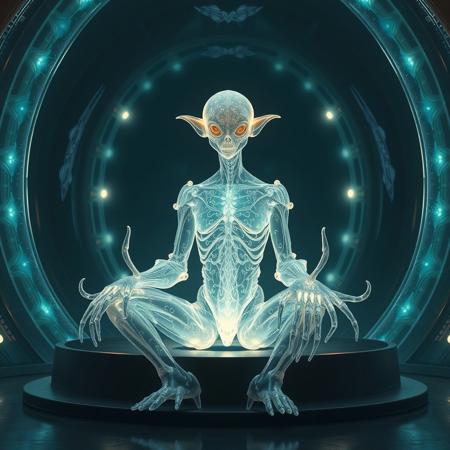 Masterpiece 4 protozoa/humanoid, bioluminescence translucent  body, with no ears and no nose, 32k, 16k, 8k, masterpiece, cinematic art, Kaiju bioluminescence translucent armor, sitting in a bioluminescence translucent bubble shape cathedral,