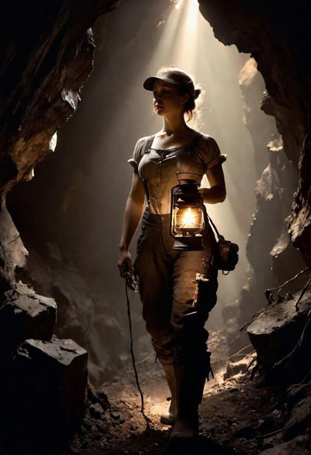 Female coal miner, 19th century, by Jean Baptiste Monge, Thomas Kinkade, David Palumbo, Carne Griffiths., in a deep dark mine, a fusion of strength and grace, the shadow of a miner in the background holding a lantern, captured in sepia tones, plump muscular body, contrasting textures of skin and delicate fabric, soft focus, warm natural light, high contrast, ultra-realism, intense light, flare, chiaroscuro
