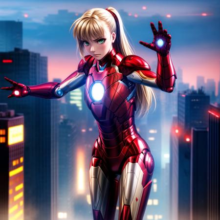 masterpiece, best quality, highres, solo, 1girl, bbsaber, long hair, blonde hair, green eyes, medium breasts, pauldrons ,<lora:more_details:1>,Urban, Cityscape, Skyscrapers, Electric, Lightning, Futuristic, Technological, Power, Magnetic, High-tech, iron man, <lora:iron_man:0.8>, <lora:Fate UBW Style v1-offset:1>