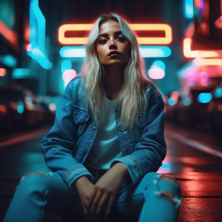 <lora:isabelamerced_xl_lora_30:1>  isabelamerced a beautiful  woman  fashion photo, Realistic 8K portrait: A young tomboy, blonde, long  hair with body, neon lights,  fashion clothing; dramatic lighting, cinematic colors; hyper-above