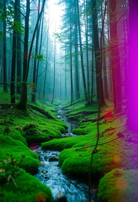 swamps in deep taiga, mossy overgrown stream, kikimora, fantasy, score_9, psychedelic art, extremely sharp focus, light leaks, unusual colors, abstract multilayer texture, by Abigail Larson