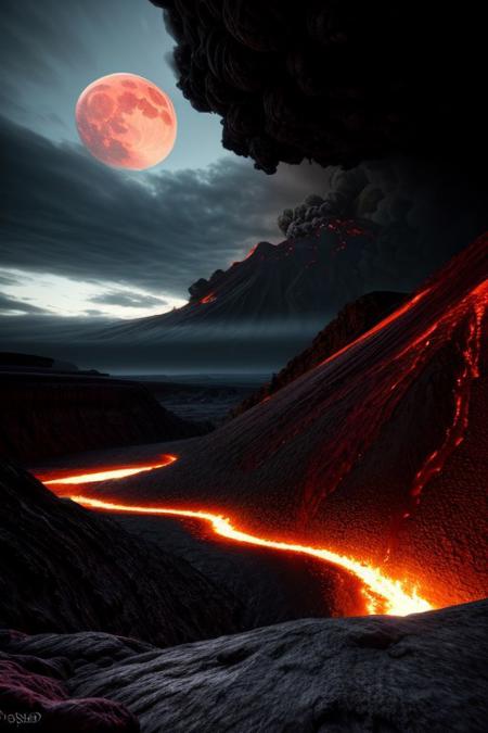 a volcanic eruption, a river of fiery red lava, a waterfall, a large red moon in the background, dramatic lighting, cinematic composition, photorealistic, (best quality,4k,8k,highres,masterpiece:1.2),ultra-detailed,(realistic,photorealistic,photo-realistic:1.37),dramatic lighting,dramatic sky,dynamic composition,volumetric lighting,intricate details,vivid colors,3d render,concept art