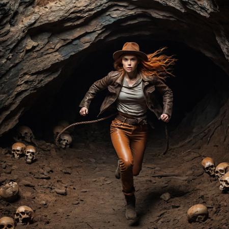 Woman running towards the camera, inside a dark cave. A giant rocky sphere is behind her.
She's wearing a brown fedora, brown leather jacket, baggy pants.  There are lots of skulls and bones on the ground.
She has a worried look on her face.  She has long flowing orange hair.
A leather whip is coiled up on her hip.