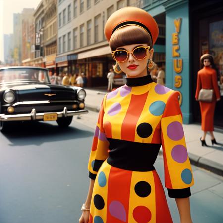 A vintage-style color photograph of a young woman in retro 1960s fashion. She wears a mod-inspired dress with bold geometric patterns and accessorizes with oversized sunglasses and a headscarf. Her hair is styled in a bouffant or beehive. The setting is a vibrant city street with vintage cars and storefronts, evoking the nostalgic atmosphere of the era. The photo captures the spirit of youthful energy and fashion-forward style.
 <lora:RetroStyleV1:0.5> 60Retro69Punch75