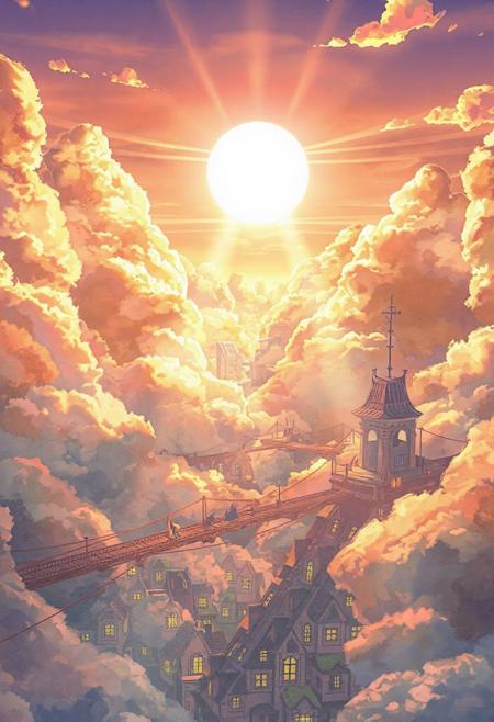 Vertical 9:16 cinematic anime scene, dreamy cityscape at golden hour, soft pastel sky filled with giant fluffy clouds, warm sunlight bursting through the cloud gaps, glowing beams illuminating a hidden floating cat kingdom above the clouds, whimsical buildings shaped like cat towers, cute feline citizens strolling on bridges in the sky, richly detailed city below with small glowing windows, soft watercolor anime shading, ultra-high 4K resolution, inspired by 'The Cat Returns', gentle wind moving clouds and banners, magical and emotional atmosphere