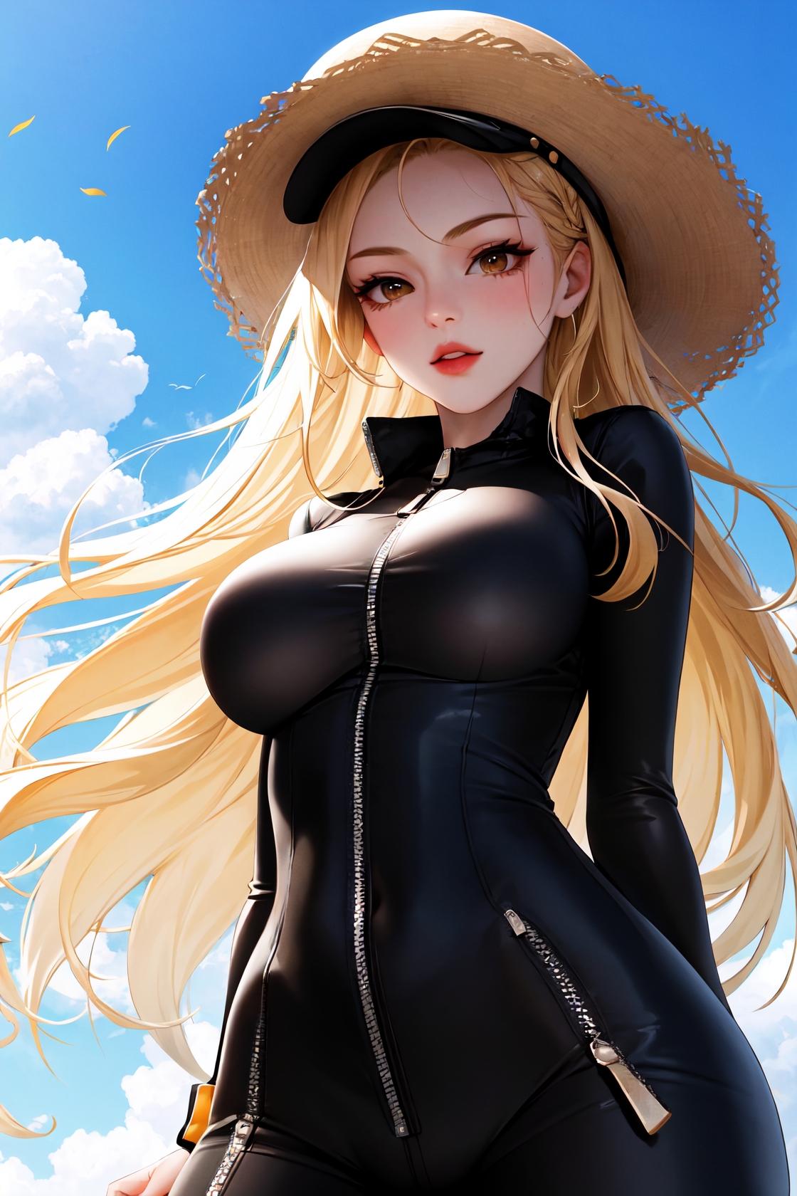 1girl, solo, long hair, blonde hair, huge breasts, hat, navel, brown eyes, medium breasts, outdoors, open clothes, sky, da...