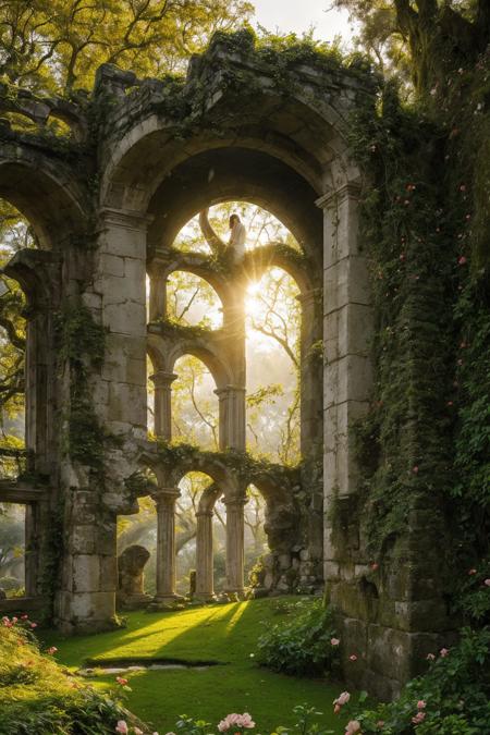 ancient stone ruins overgrown with lush blooming roses, vines climbing the broken walls, petals scattered on mossy ground, golden sunset lighting the scene, romantic and slightly mysterious atmosphere, cinematic composition, high detail flower textures, dreamy fantasy garden landscape