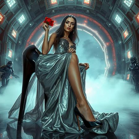 slender arrogant cold femme fatal russian princess wearing rich full skirt glossy silver foil high slit gown, small size opulent glossy black  high heels, jewels, lace top stockings, red rose in her right hand, lifting  long  waving skirts with her left hand,   covered with ultrathin slime long veils, posing sitting in giant glossy high heel  shoe , view from below, evil grin, green eyes, lipstick, giant portal to outer space, fog from the floor, empire spaceship hangar, surrounded by halo odst troopers, TIE spaceships at the background, fashion look, hollywood, vogue makeup, porcelain skin, long haired, ultrathin waisym reminiscent of Lucas, Spielberg styles, with close-up glamour photography and dramatic lighting view from below,