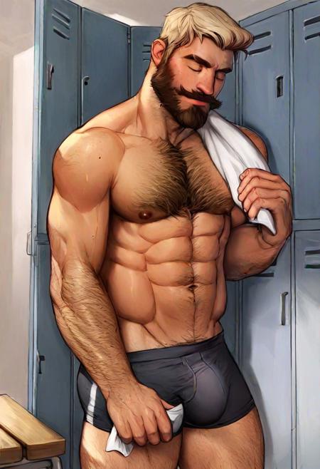 score_9, score_8_up, score_7_up, score_6_up, score_5_up, score_4_up, josh, josh \(marcus\), 1boy, abs, arm hair, bara, beard, black male swimwear, blonde hair, bulge, chest hair, closed eyes, closed mouth, erection, erection under clothes, facial hair, hairy, holding, holding towel, large pectorals, leg hair, locker, locker room, male focus, male swimwear, mature male, muscular, muscular male, mustache, navel, nipples, pectorals, short hair, solo, standing, swim briefs, thick thighs, thighs, towel, wet <lora:rnarccus-Pony-XL-v6:1>
