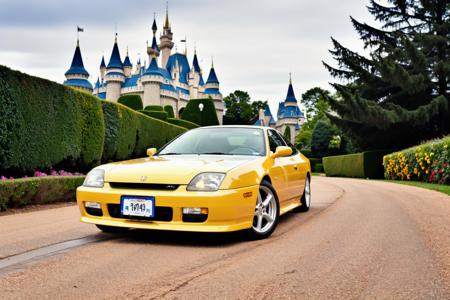 PRELUDE driving on a yellow brick road, wheels in motion, disney castle in background, disney style, ultra wide angle, kansas, beautiful flowers on the side of the road, masterpiece, award winning, dramatic lighting, sharp focus, smooth, intricate details, 8k wallpaper, trending on artstation     <lora:PRELUDE:0.8>