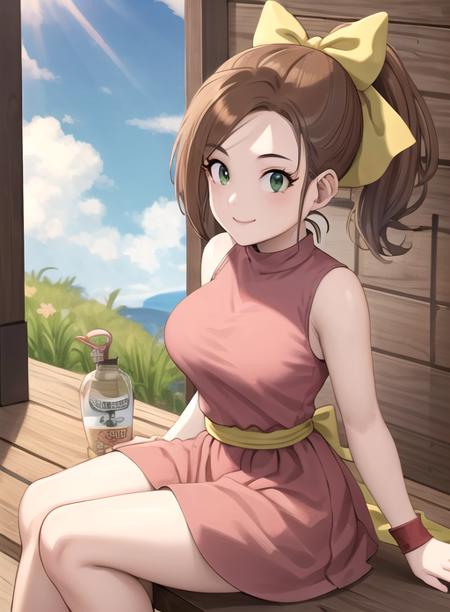 best quality, (masterpiece),(ultra-detailed), (high quality), (high resolution),  <lora:Kluke:0.7>,Kluke, 1girl, solo, breasts, smile, brown hair, bow, green eyes, ponytail, hair bow, sleeveless,