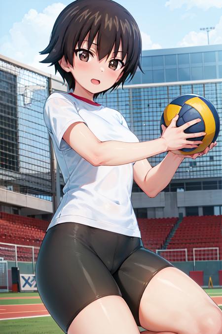 masterpiece, best quality, 1girl, solo, girls und panzer, isobe noriko, white shirt, bike shorts, sports arena, holding volleyball, exercise <lora:Isobe Noriko:0.6>