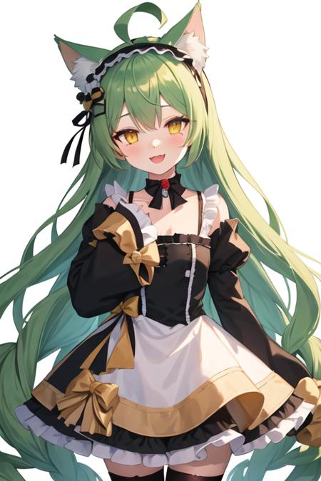 best quality, masterpiece, highres, solo, {akashi_azurlane:1.15}, animal_ears, cat_ears, green_hair, long_hair, ahoge, hair_between_eyes, yellow_eyes, blush, bell, bow, hair_ornament, bangs, very_long_hair, :3, mole, smile, mole_under_eye, 1girl, dress, frills, hairband, looking_at_viewer, sleeves_past_wrists, black_bow, frilled_hairband, gothic_lolita, long_sleeves, sleeves_past_fingers, lolita_fashion, open_mouth, :d, black_dress, black_hairband, gem, red_gemstone, choker, official_alternate_costume