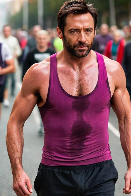 medium full body portrait photo of Hugh Jackman front view standing in a road, a marathon with other people running in the background, wearing a tank top stringer shirt with (extreme low-cut dropped side holes:1.3) and (low-cut chest), (dark:1.2)-magenta (shirt with sweat:1.2), (large s3t on:1.3) armpit, natural lighting, cropped face, 4k uhd, dslr, soft light, high quality, Fujifilm XT3  <lora:hughjackman:0.2>  <lora:StringerSDXL_v1:0:0.55> <lora:sweaty_shirt_v5-28-B1-Rescale:1.15>