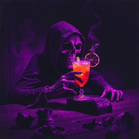 The Grim Reaper drinking a tropical cocktail drink, surrounded by subtle dust and decay. The scene is lit with a deep purple duotone color scheme, casting moody, heavy shadows. The texture is gritty and raw, evoking a dark and psychedelic stoner doom metal atmosphere. The background is dark and minimal, emphasizing the skull and table, with faint hints of smoke or mist swirling in the air. The lighting is dramatic and harsh, creating a brooding, vintage poster-like aesthetic with a grainy, analog feel. Logo in top section