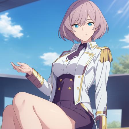 ((masterpiece)),((highres)),((best quality)),((highly detailed)),((extremely detailed CG unity 8k wallpaper)),illustration,mujina,medium breasts,facing viewer,blue sky,white cloud,light smile,bare legs,solo,