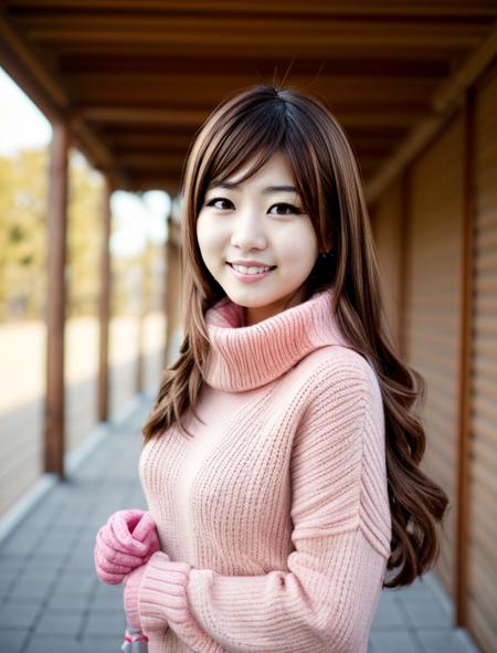 best quality, masterpiece, highres, detailed, realisitic, cosplay, <lora:Detail - add_detail:0.2>, EikoHozuki, brown hair, japanese girl in her 20's, happy, blush, yellow sweater, turtleneck, outdoors,  <lora:EikoHozuki-10:0.8>, pink gloves, long hair,