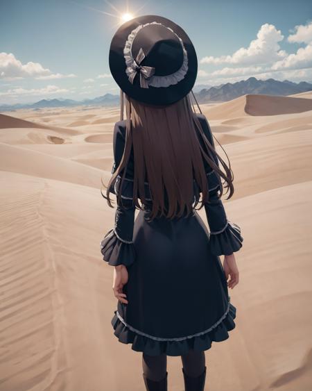 best quality, (masterpiece:1.2), illustration, absurdres,
(1girl, solo), (beautiful detailed girl),
<lora:Beryl-07:0.8>, Beryl, yellow_eyes,small breasts, long hair, black hair,
 frills, long black dress, long gothic dress, black boots, hat, headwear, 
 creepy, scary, weird, yandere,
desert, sand dunes, sun, sky,,
arms up,
from behind,,
looking at viewer