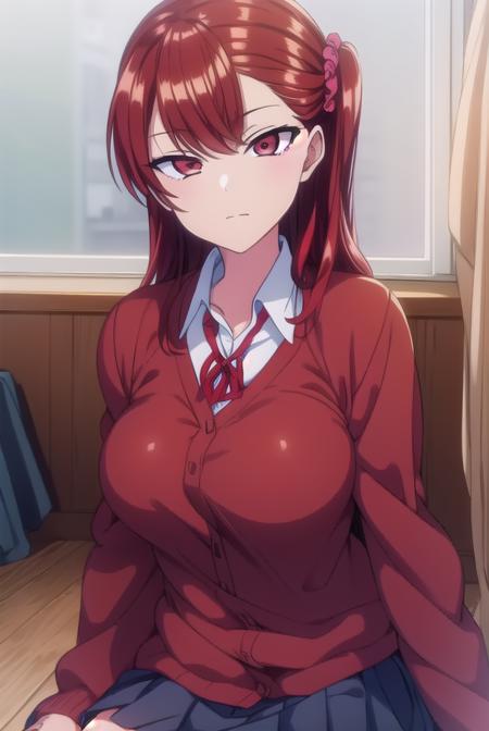 izuminogami, <lyco:izuminogami-lyco-nochekaiser:1>, 
izumi nogami, red hair, one side up, medium hair, scrunchie, (red eyes:1.5),
BREAK skirt, school uniform, pleated skirt, shoes, socks, cardigan, brown cardigan,
BREAK looking at viewer,
BREAK indoors, classroom,
BREAK <lora:GoodHands-vanilla:1>, (masterpiece:1.2), best quality, high resolution, unity 8k wallpaper, (illustration:0.8), (beautiful detailed eyes:1.6), extremely detailed face, perfect lighting, extremely detailed CG, (perfect hands, perfect anatomy),